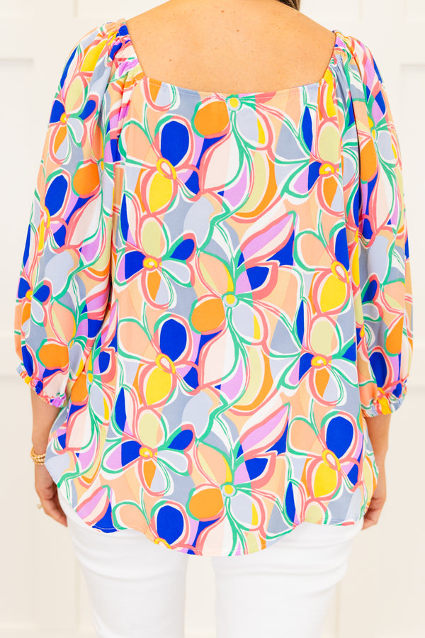 Chic Soul plus size clothing, blue multi abstract pattern three quarter length sleeve top with square neckline