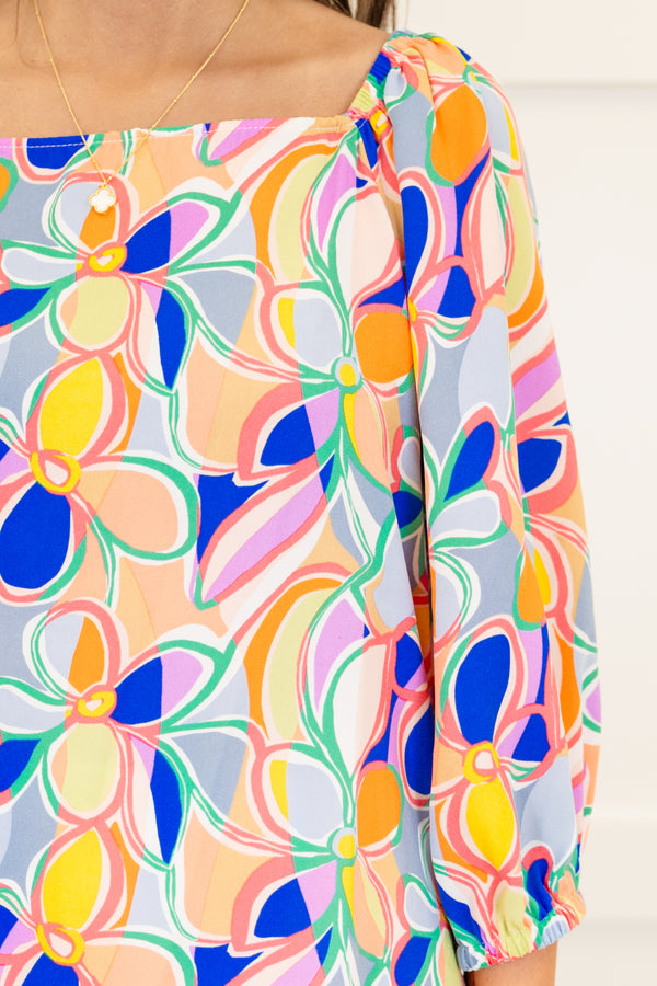 Chic Soul plus size clothing, blue multi abstract pattern three quarter length sleeve top with square neckline