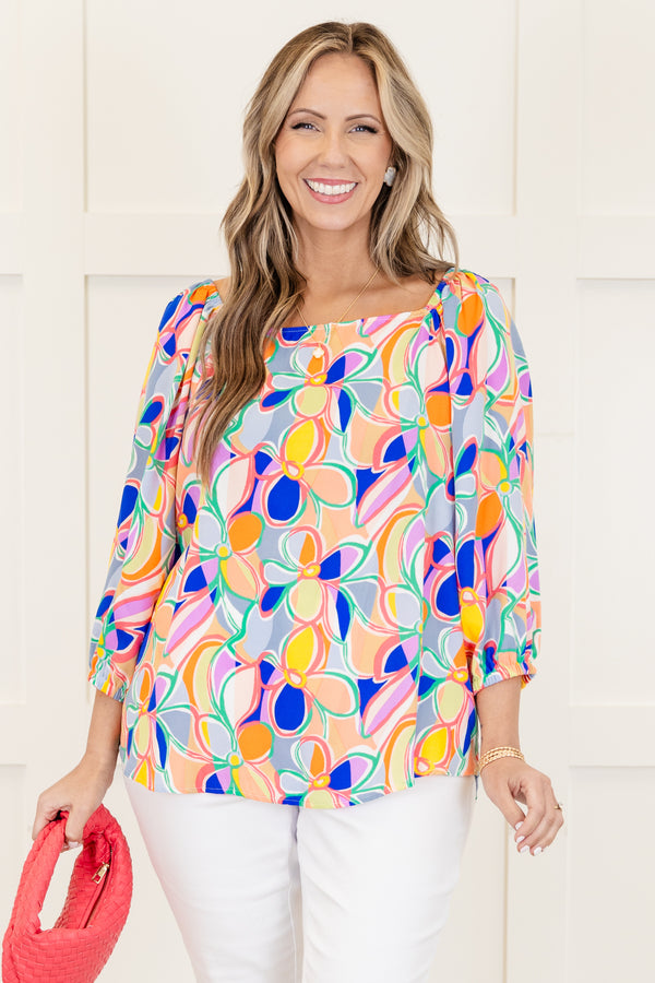 Chic Soul plus size clothing, blue multi abstract pattern three quarter length sleeve top with square neckline