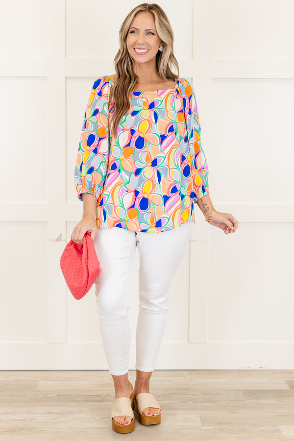 Chic Soul plus size clothing, blue multi abstract pattern three quarter length sleeve top with square neckline