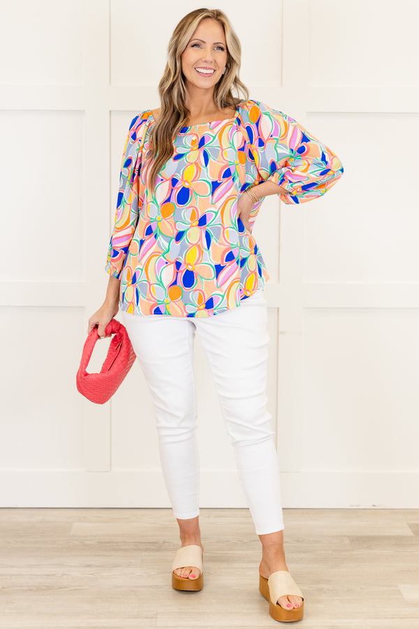 Chic Soul plus size clothing, blue multi abstract pattern three quarter length sleeve top with square neckline