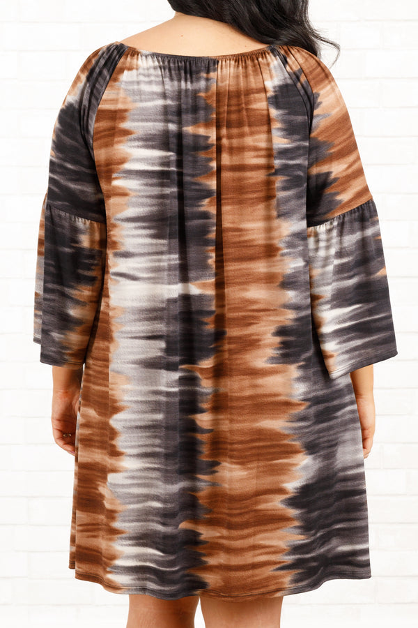 Chic Soul plus size clothing, charcoal mocha patterned scoop neck dress