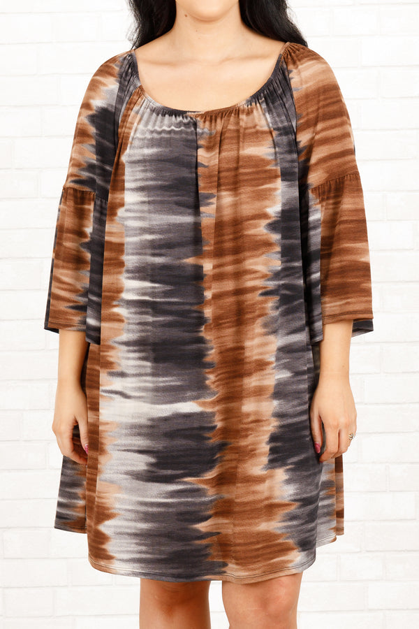 Chic Soul plus size clothing, charcoal mocha patterned scoop neck dress