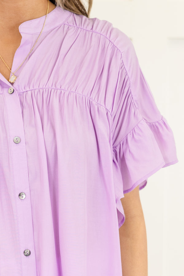 Chic Soul plus size clothing, lilac flutter short sleeve button down top