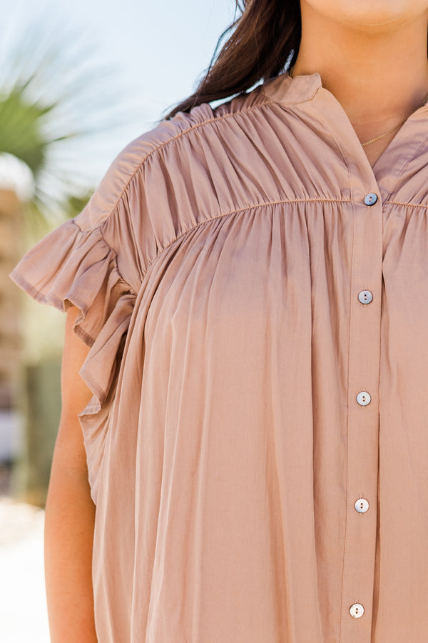 Chic Soul plus size clothing, ruffled-short-sleeve mocha brown buttoned top with a smocked ruffled neckline and silver button detailing