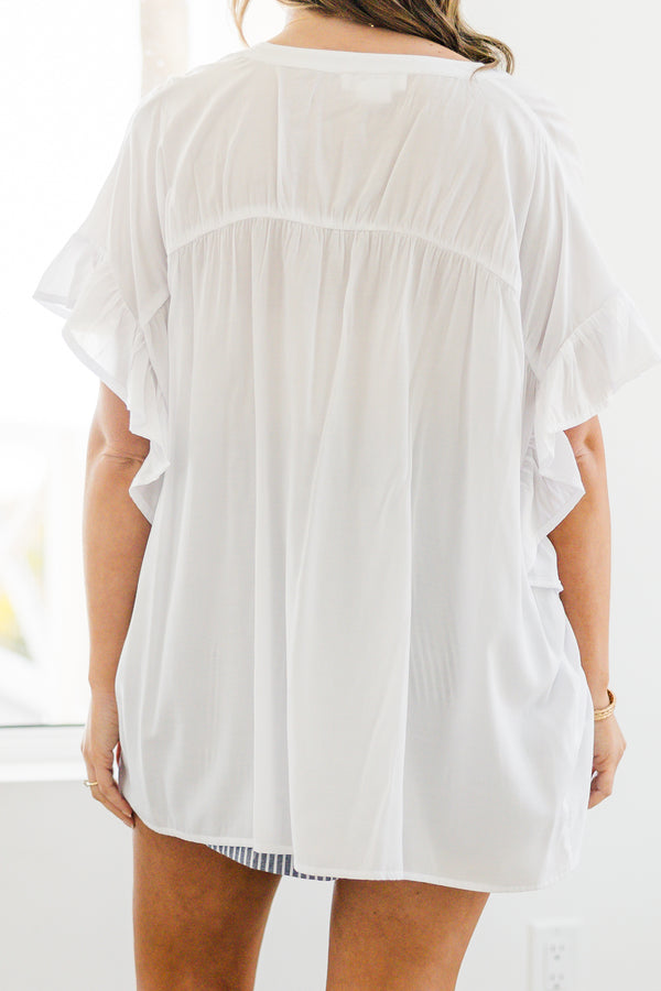 Chic Soul plus size clothing, short-sleeve ruffled white top with a buttoned v-neckline with silver button detailing