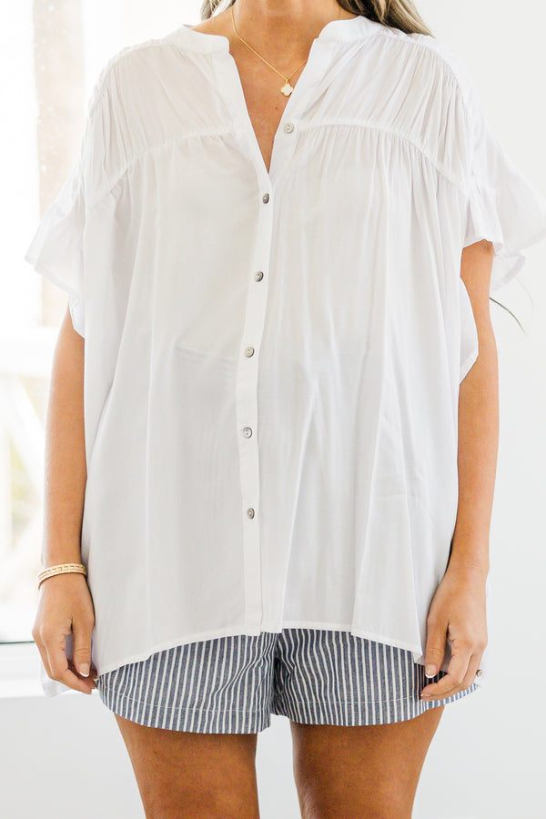 Chic Soul plus size clothing, short-sleeve ruffled white top with a buttoned v-neckline with silver button detailing