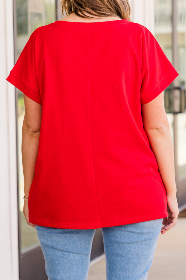 Chic Soul plus size clothing, short sleeve red top with graphic saying 