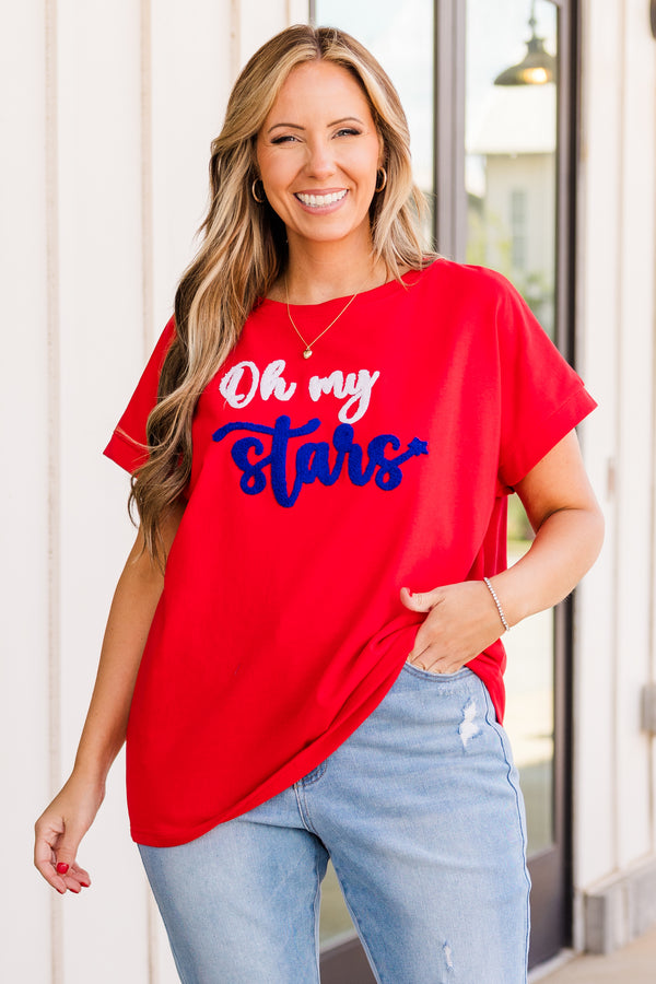 Chic Soul plus size clothing, short sleeve red top with graphic saying 