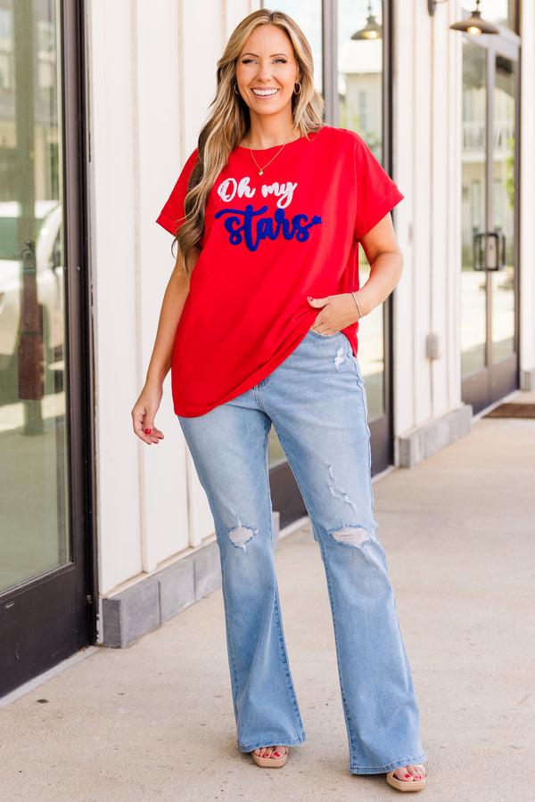 Chic Soul plus size clothing, short sleeve red top with graphic saying 