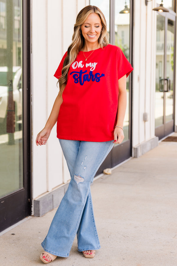 Chic Soul plus size clothing, short sleeve red top with graphic saying 