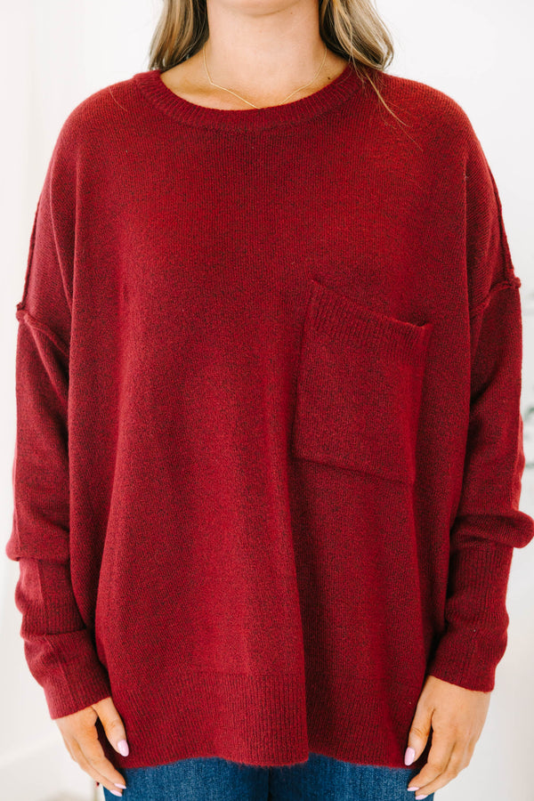 Chic Soul plus size clothing, Heather burgundy long sleeve sweater with a pocket of the left side of the chest