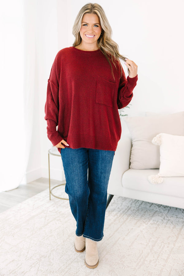 Chic Soul plus size clothing, Heather burgundy long sleeve sweater with a pocket of the left side of the chest