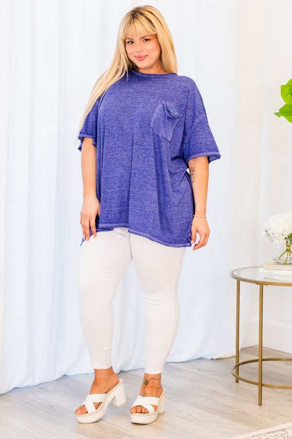 Chic Soul plus size clothing, bright blue mineral wash top with chest pocket