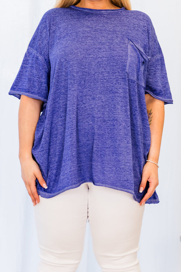 Chic Soul plus size clothing, bright blue mineral wash top with chest pocket