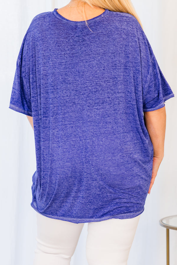 Chic Soul plus size clothing, bright blue mineral wash top with chest pocket