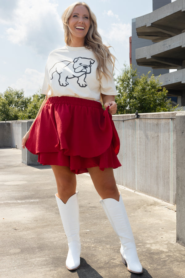 Chic Soul plus size clothing, red ruffle tiered flowy skort with an elastic waistband