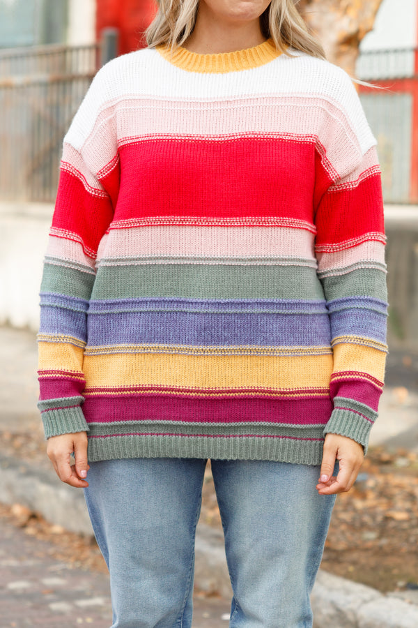 Chic Soul plus size clothing, red multicolored striped pattern sweater