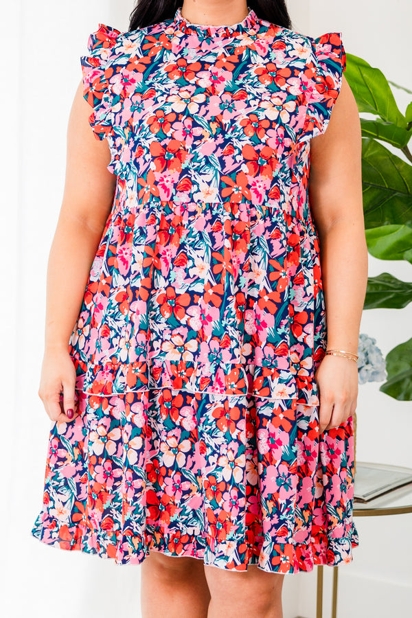 Chic Soul plus size clothing, multicolor floral pattern tiered flowy dress with ruffle sleeves and a high neckline