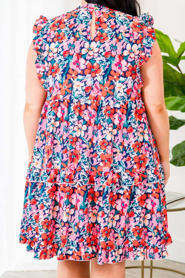 Chic Soul plus size clothing, multicolor floral pattern tiered flowy dress with ruffle sleeves and a high neckline