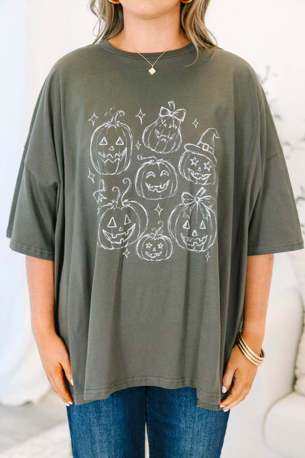 Plus Size smoke gray boyfriend tee with white hand-drawn pumpkin graphics and a crew neckline.