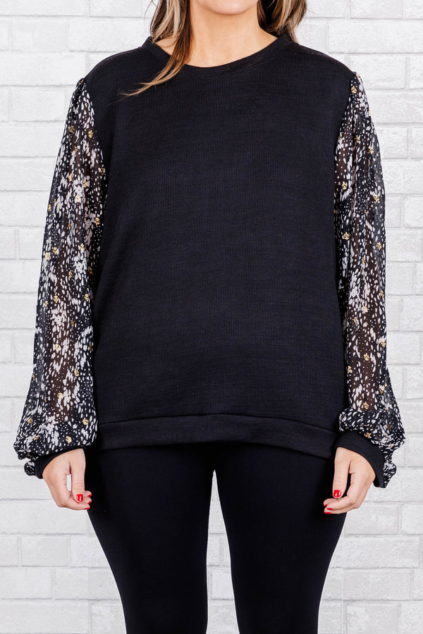 Chic Soul plus size clothing, Black top with black and white printed sleeves with cuff sleeve