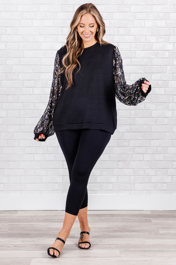 Chic Soul plus size clothing, Black top with black and white printed sleeves with cuff sleeve
