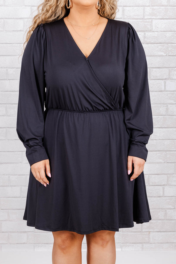 Chic Soul plus size clothing, black long sleeve v neck knee length dress with overlap fabric on chest and synched waist