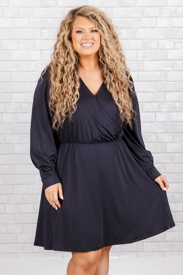 Chic Soul plus size clothing, black long sleeve v neck knee length dress with overlap fabric on chest and synched waist