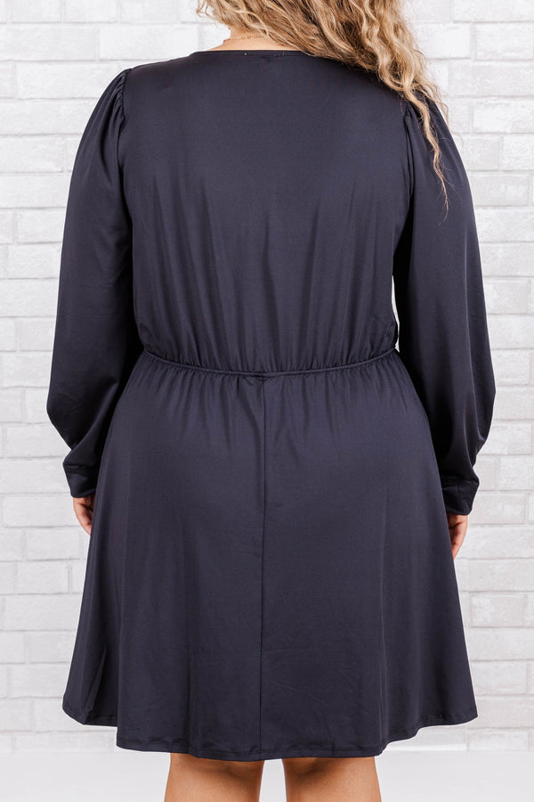 Chic Soul plus size clothing, black long sleeve v neck knee length dress with overlap fabric on chest and synched waist