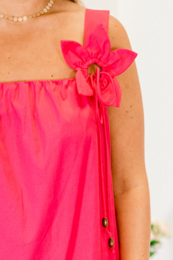 Chic Soul plus size clothing, hot pink sleeveless midi dress with a square neckline and floral detail on the shoulders 
