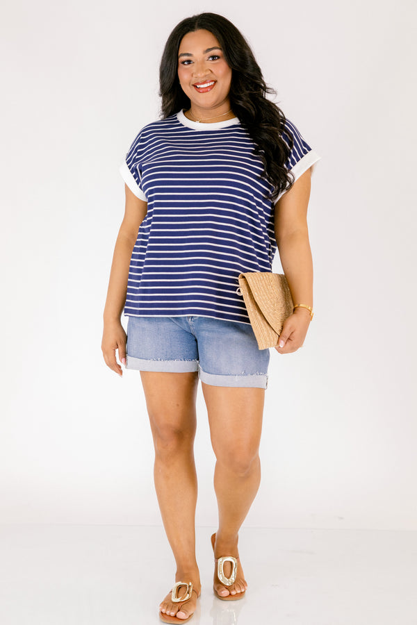 Chic Soul plus size clothing, Navy short sleeve tee with a white stripe outlining the the end of each sleeve and going along the neckline of the tee 