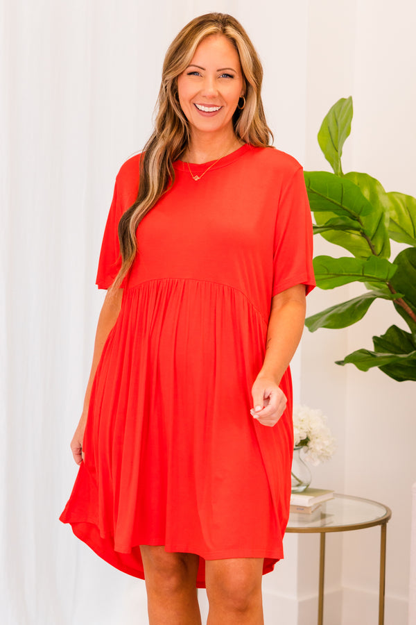 Chic Soul plus size clothing, short sleeve red baby doll dress with high scoop-neckline