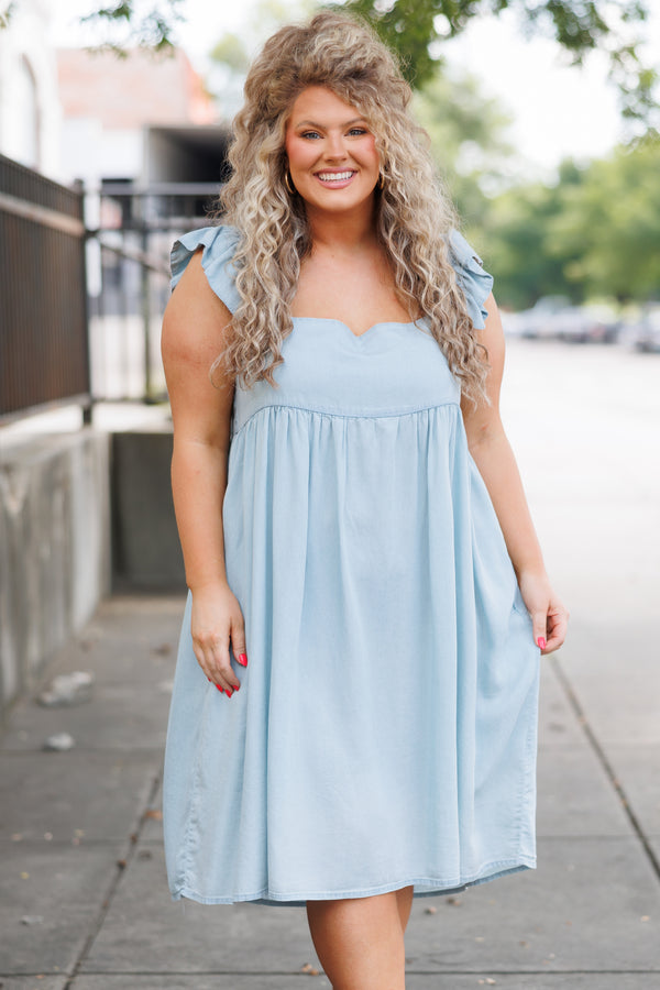 Chic Soul plus size clothing, blue babydoll flowy dress with flutter sleeves