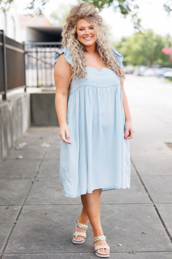 Chic Soul plus size clothing, blue babydoll flowy dress with flutter sleeves
