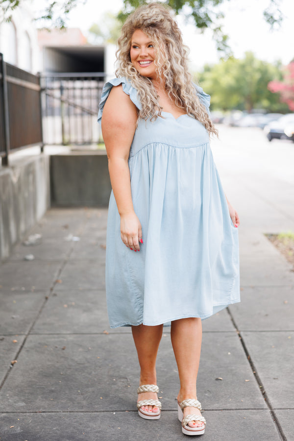 Chic Soul plus size clothing, blue babydoll flowy dress with flutter sleeves