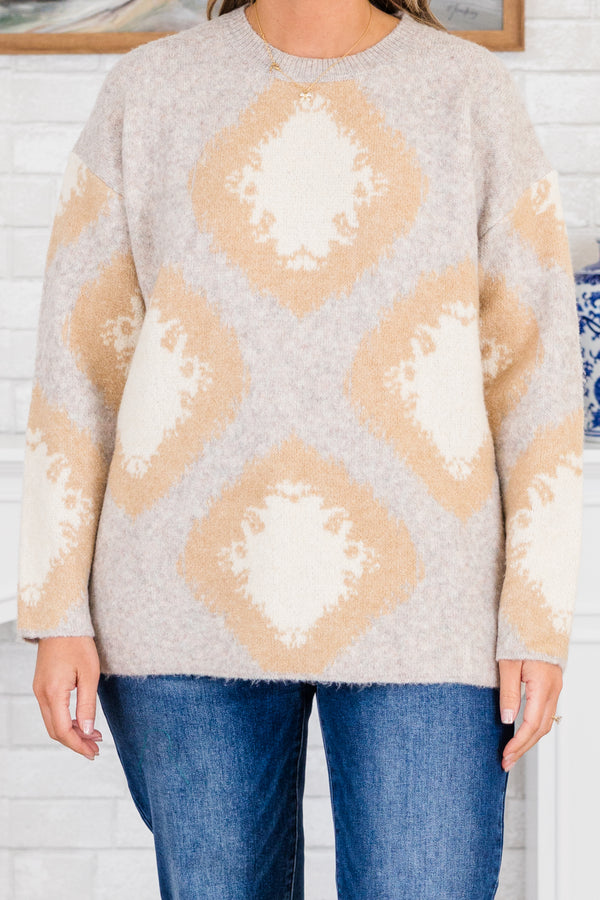 Chic Soul plus size clothing, long-sleeve gray sweater with crew-neckline and tan diamond pattern