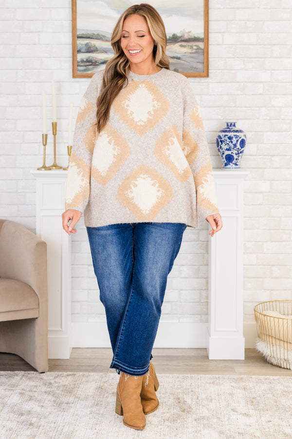 Chic Soul plus size clothing, long-sleeve gray sweater with crew-neckline and tan diamond pattern