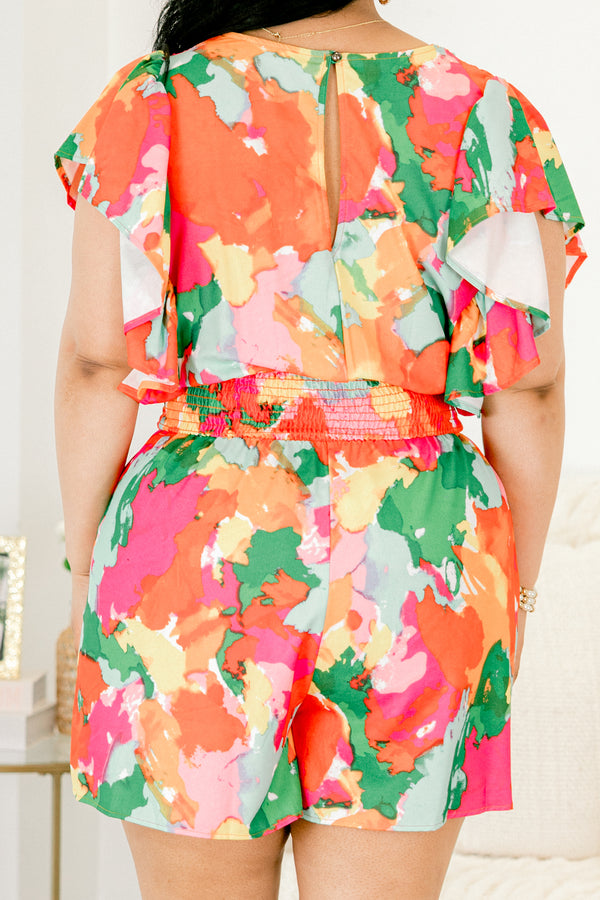 Chic Soul plus size clothing, multi-color romper with and abstract pattern and flutter sleeves 