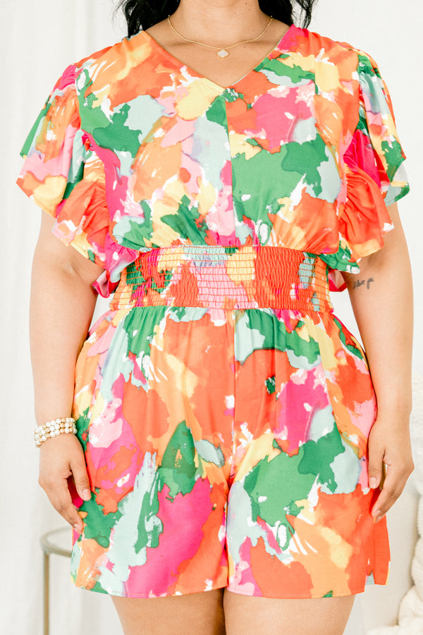 Chic Soul plus size clothing, multi-color romper with and abstract pattern and flutter sleeves 