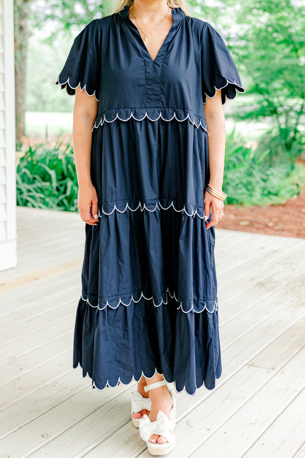 Chic Soul plus size clothing, navy blue v-neck short sleeve tiered midi dress with white trimmed scalloped detailing on sleeves and each tier