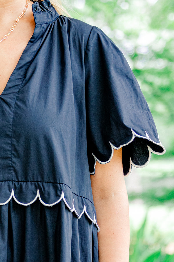 Chic Soul plus size clothing, navy blue v-neck short sleeve tiered midi dress with white trimmed scalloped detailing on sleeves and each tier