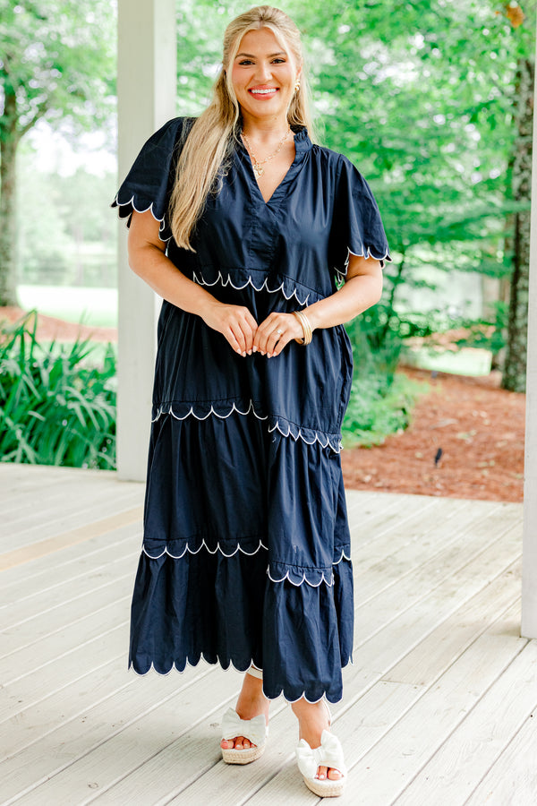 Chic Soul plus size clothing, navy blue v-neck short sleeve tiered midi dress with white trimmed scalloped detailing on sleeves and each tier