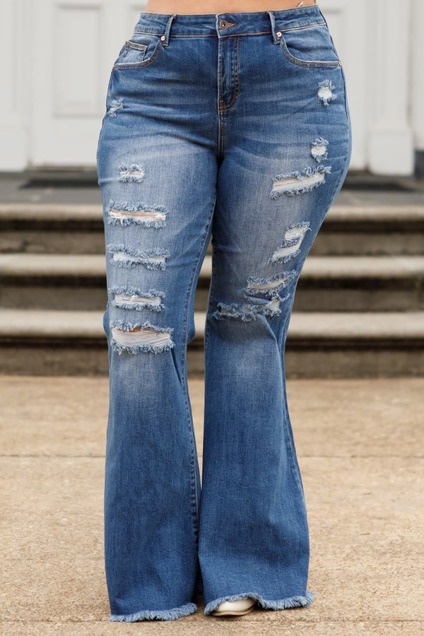 Chic Soul plus size clothing, dark wash distressed bootcut jeans