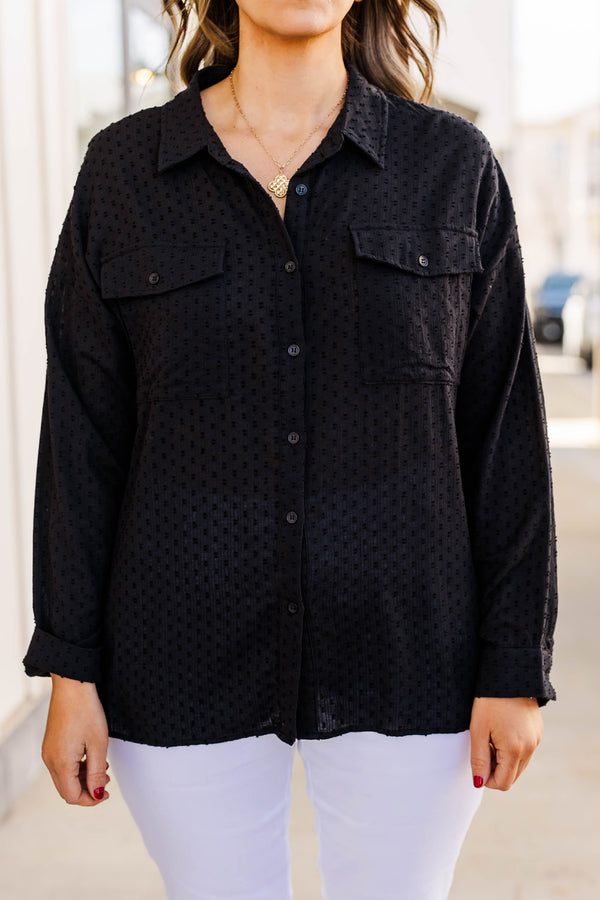 Plus Size black button-down shirt with raised polka dots, long sleeves, and chest pockets.