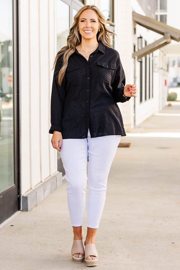 Plus Size black button-down shirt with raised polka dots, long sleeves, and chest pockets.