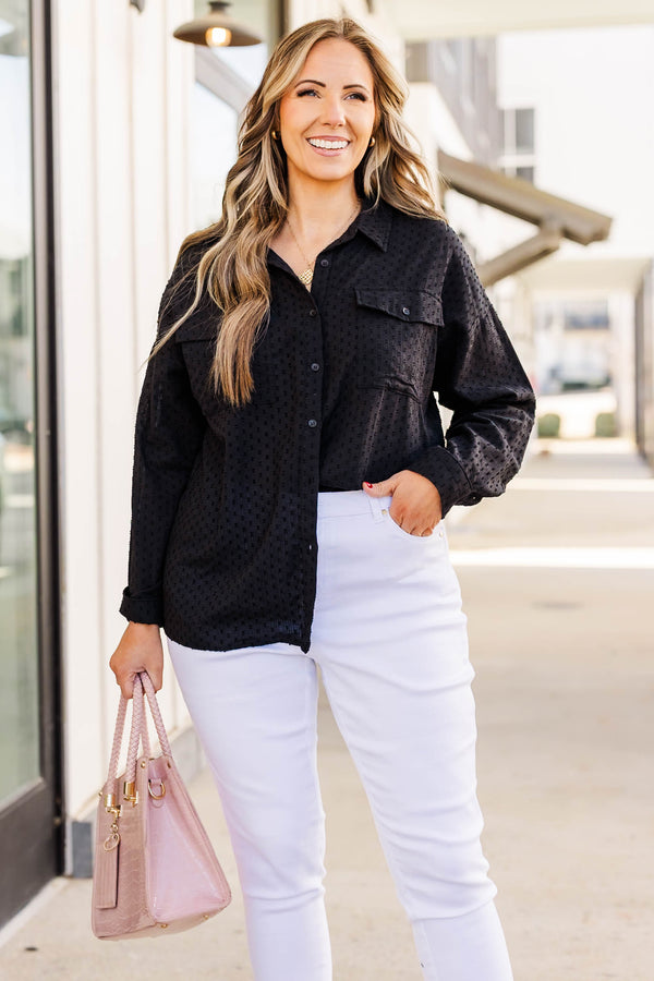 Plus Size black button-down shirt with raised polka dots, long sleeves, and chest pockets.