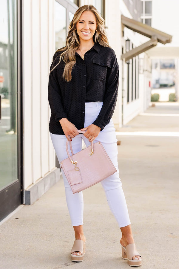 Plus Size black button-down shirt with raised polka dots, long sleeves, and chest pockets.