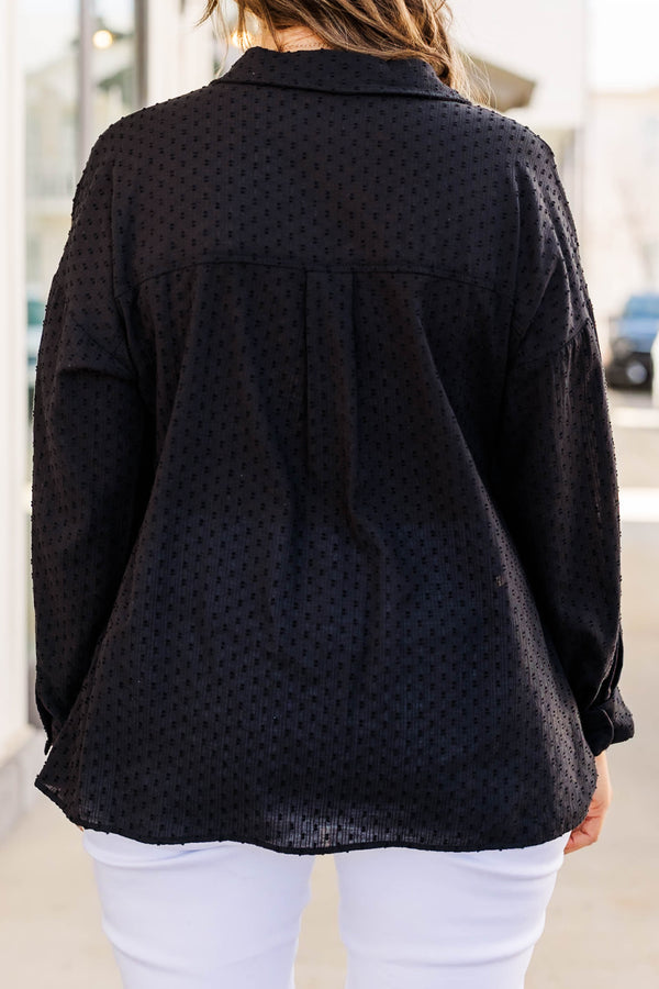 Plus Size black button-down shirt with raised polka dots, long sleeves, and chest pockets.