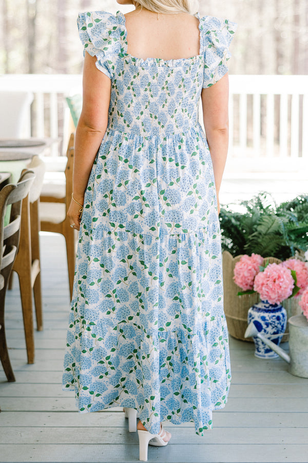 Chic Soul plus size clothing, ruffled-strap blue ruffled maxi dress with a smocked bodice and a blue hydrangea floral pattern  